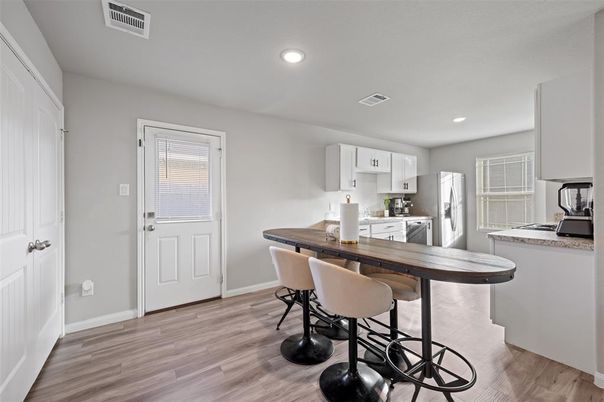 Interior, Kitchen, Recessed Lighting, Wood Texture Flooring