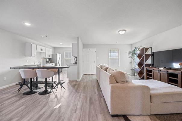 Interior, Kitchen, Living room, Recessed Lighting, Wood Texture Flooring