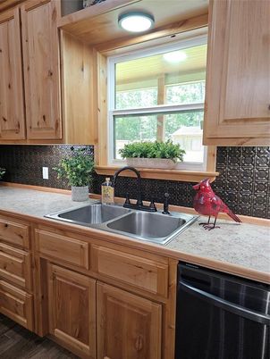 Interior, Kitchen, Tile Countertops, Wood Texture Flooring