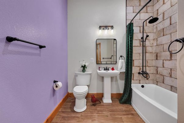 Bathroom, Interior, Stone Walls, Wood Texture Flooring