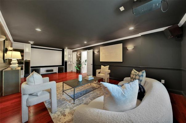 Interior, Living room, Projection Screen, Recessed Lighting, Theatre Room, Wood Texture Flooring