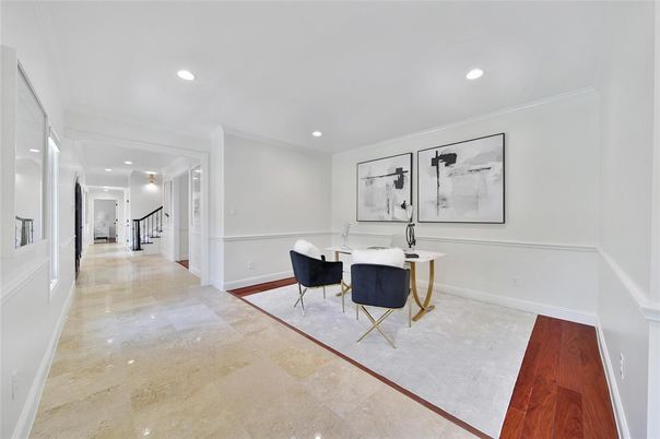 Dining room, Interior, Recessed Lighting, Wood Texture Flooring