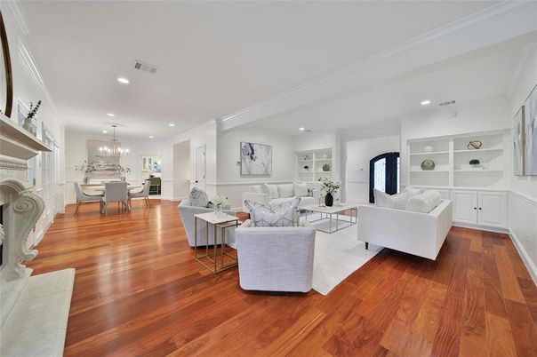 Chandelier, Dining room, Fireplace, Interior, Living room, Recessed Lighting, Wood Texture Flooring