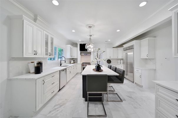 Interior, Kitchen, Marble, Pendant Lights, Recessed Lighting, Stainless Steel Appliances