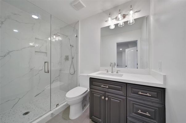 Bathroom, Glass Shower, Interior, Marble Walls, Recessed Lighting
