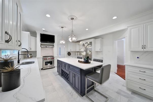Interior, Kitchen, Marble, Pendant Lights, Recessed Lighting, Stainless Steel Appliances