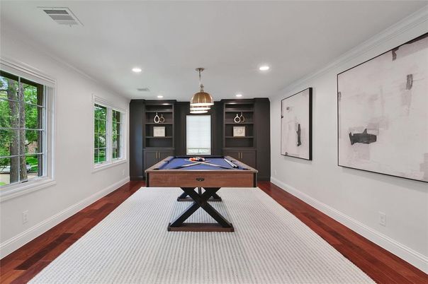 Billiard Table, Game Room, Interior, Recessed Lighting, Wood Texture Flooring