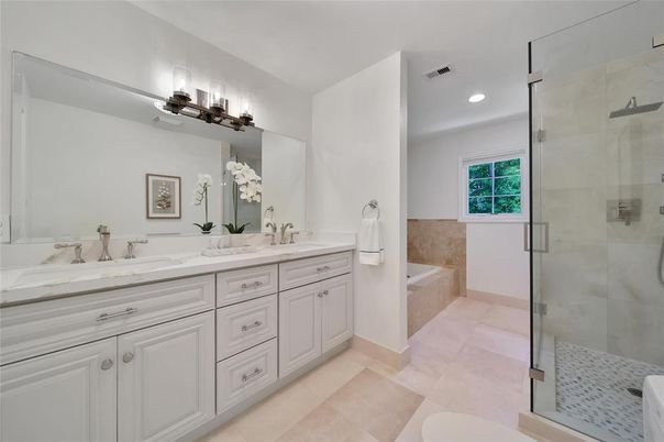 Bathroom, Dual Sink Vanities, Glass Shower, Interior, Recessed Lighting