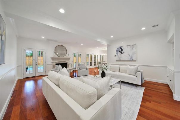 Fireplace, Interior, Living room, Recessed Lighting, Wood Texture Flooring