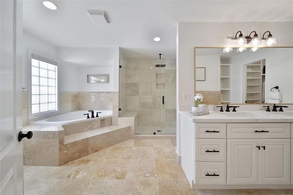 Bathroom, Dual Sink Vanities, Glass Shower, Interior, Recessed Lighting