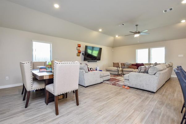 Dining room, Interior, Living room, Recessed Lighting, Wood Texture Flooring