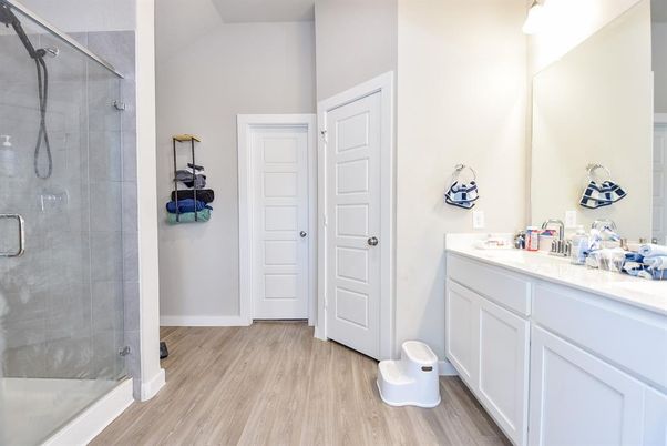 Bathroom, Glass Shower, Interior, Wood Texture Flooring