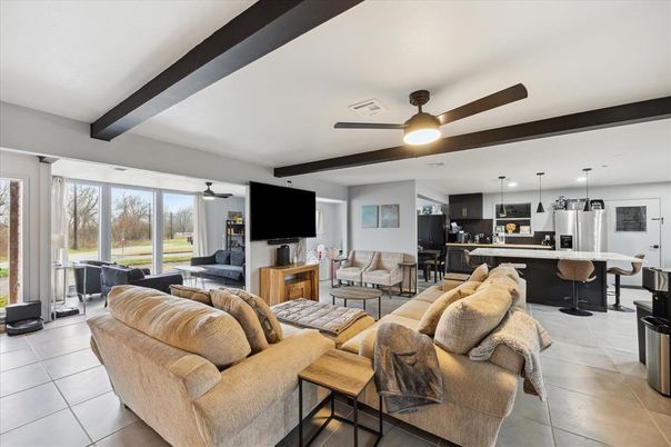 Dining room, Interior, Kitchen, Living room, Pendant Lights, Recessed Lighting, Wooden Beams
