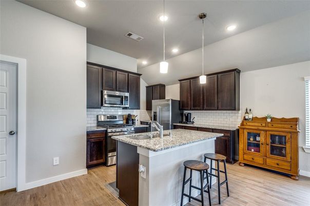 Interior, Kitchen, Pendant Lights, Recessed Lighting, Stainless Steel Appliances, Wood Texture Flooring