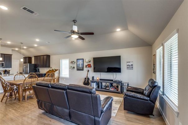 Home Theatre Room, Dining room, Interior, Kitchen, Living room, Pendant Lights, Recessed Lighting, Wood Texture Flooring