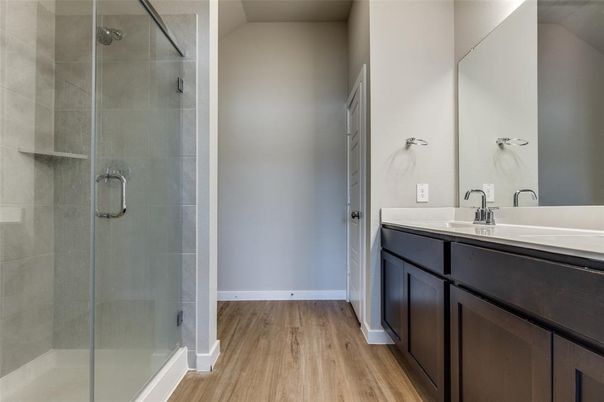 Bathroom, Glass Shower, Interior, Wood Texture Flooring