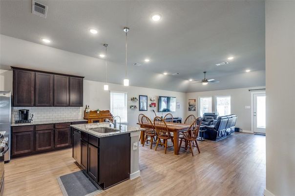 Dining room, Interior, Kitchen, Pendant Lights, Recessed Lighting, Wood Texture Flooring