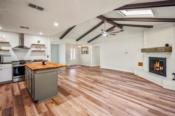 Fireplace, Interior, Kitchen, Recessed Lighting, Stone Walls, Wooden Beams, Wood Texture Flooring
