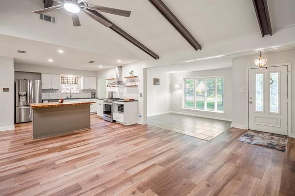 Interior, Kitchen, Pendant Lights, Recessed Lighting, Stainless Steel Appliances, Wooden Beams, Wood Texture Flooring