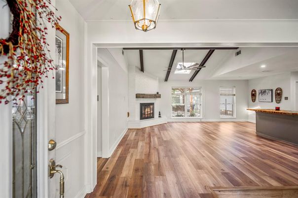 Fireplace, Interior, Pendant Lights, Wood Texture Flooring
