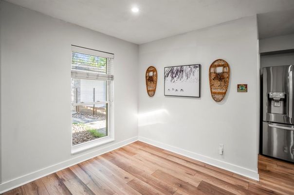 Empty room, Interior, Kitchen, Recessed Lighting, Wood Texture Flooring