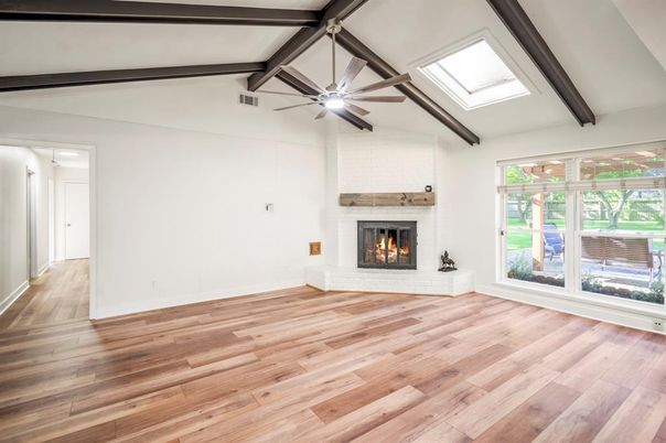 Empty room, Fireplace, Interior, Wooden Beams, Wood Texture Flooring