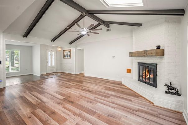 Empty room, Fireplace, Interior, Stone Walls, Wooden Beams, Wood Texture Flooring