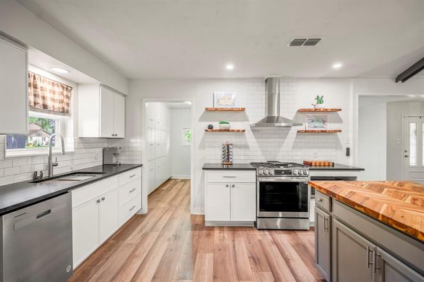 Interior, Kitchen, Recessed Lighting, Stainless Steel Appliances, Wood Texture Flooring