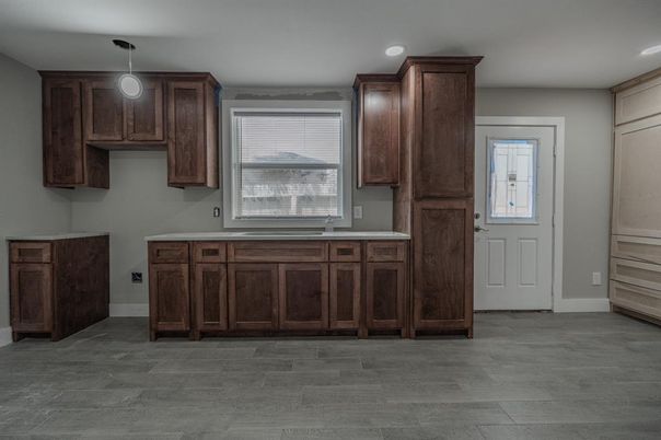 Interior, Kitchen, Pendant Lights, Recessed Lighting, Wood Texture Flooring