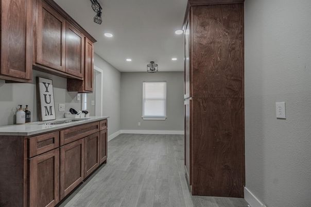 Interior, Kitchen, Recessed Lighting, Wood Texture Flooring
