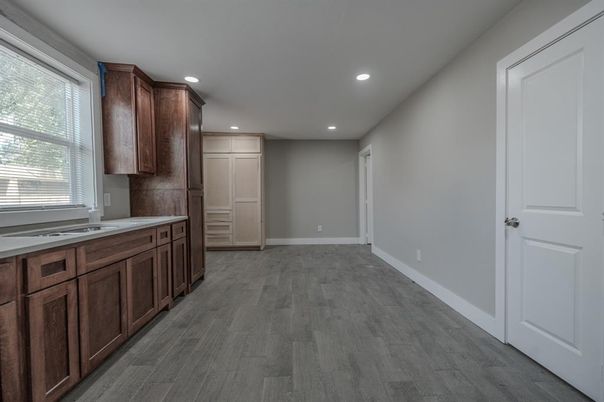 Empty room, Interior, Kitchen, Recessed Lighting, Wood Texture Flooring
