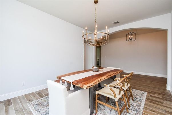 Chandelier, Dining room, Interior, Pendant Lights, Wood Texture Flooring