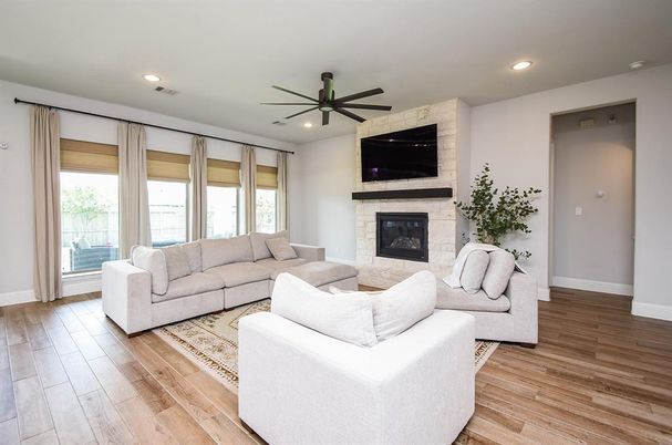 Fireplace, Interior, Living room, Recessed Lighting, Wood Texture Flooring