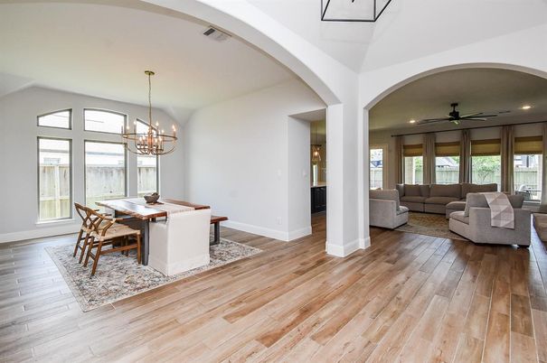 Chandelier, Dining room, Interior, Living room, Recessed Lighting, Wood Texture Flooring