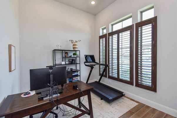 Fitness Equipment, Home Office, Interior, Recessed Lighting, Wood Texture Flooring