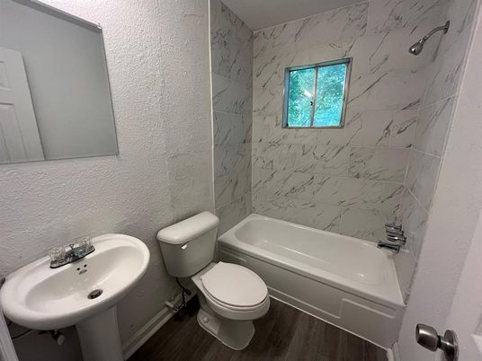 Bathroom, Interior, Marble Walls, Wood Texture Flooring