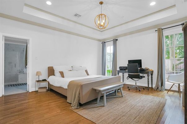 Bedroom, Home Office, Interior, Pendant Lights, Recessed Lighting, Wood Texture Flooring