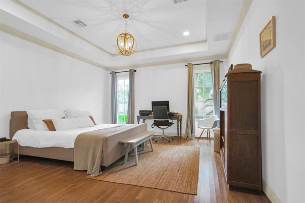 Bedroom, Home Office, Interior, Pendant Lights, Recessed Lighting, Wood Texture Flooring