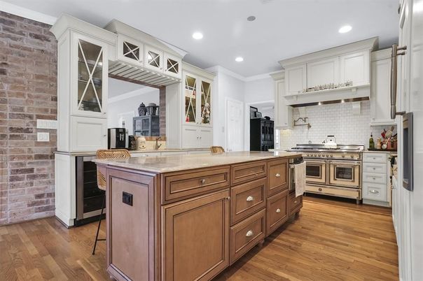Interior, Kitchen, Recessed Lighting, Stainless Steel Appliances, Stone Walls, Wood Texture Flooring