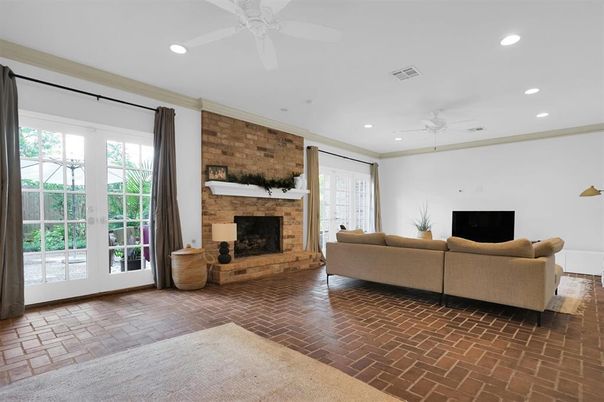 Fireplace, Interior, Living room, Recessed Lighting, Stone Walls