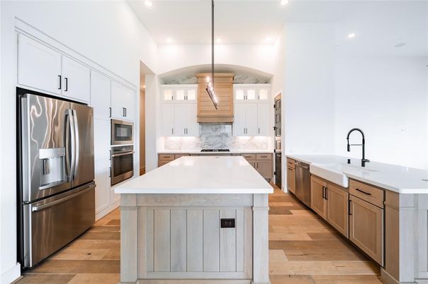 Interior, Kitchen, Pendant Lights, Recessed Lighting, Stainless Steel Appliances, Wood Texture Flooring
