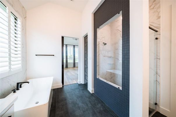 Bathroom, Free Standing Baths, Interior, Marble Walls, Wood Texture Flooring