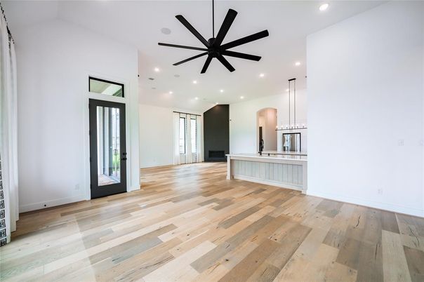 Empty room, Interior, Kitchen, Pendant Lights, Recessed Lighting, Wood Texture Flooring