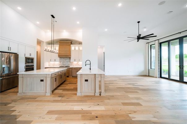 Interior, Kitchen, Pendant Lights, Recessed Lighting, Stainless Steel Appliances, Wood Texture Flooring