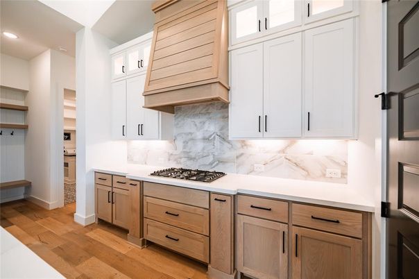 Interior, Kitchen, Marble Walls, Recessed Lighting, Wood Texture Flooring