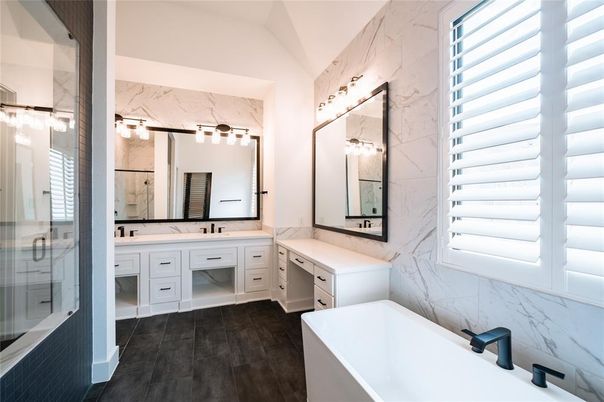 Bathroom, Dual Sink Vanities, Glass Shower, Interior, Marble Walls, Wood Texture Flooring