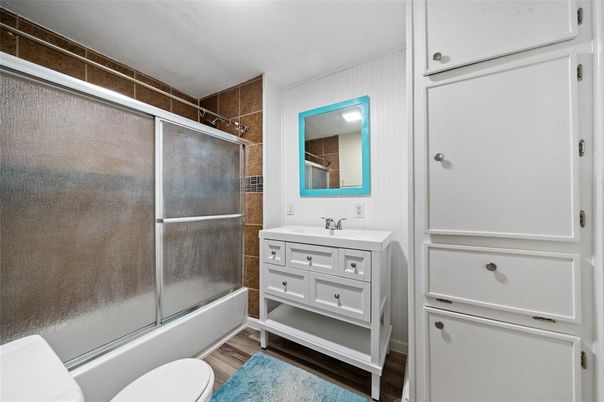 Bathroom, Glass Shower, Interior, Wood Texture Flooring
