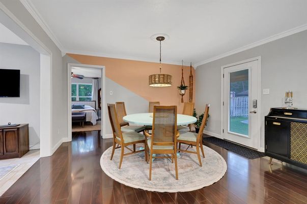 Dining room, Interior, Pendant Lights, Wood Texture Flooring