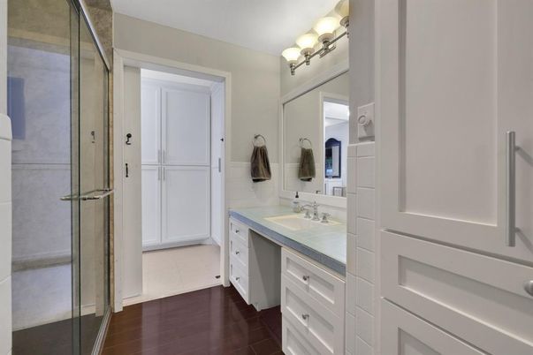 Bathroom, Glass Shower, Interior, Wood Texture Flooring