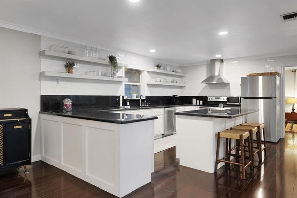 Interior, Kitchen, Recessed Lighting, Stainless Steel Appliances, Wood Texture Flooring